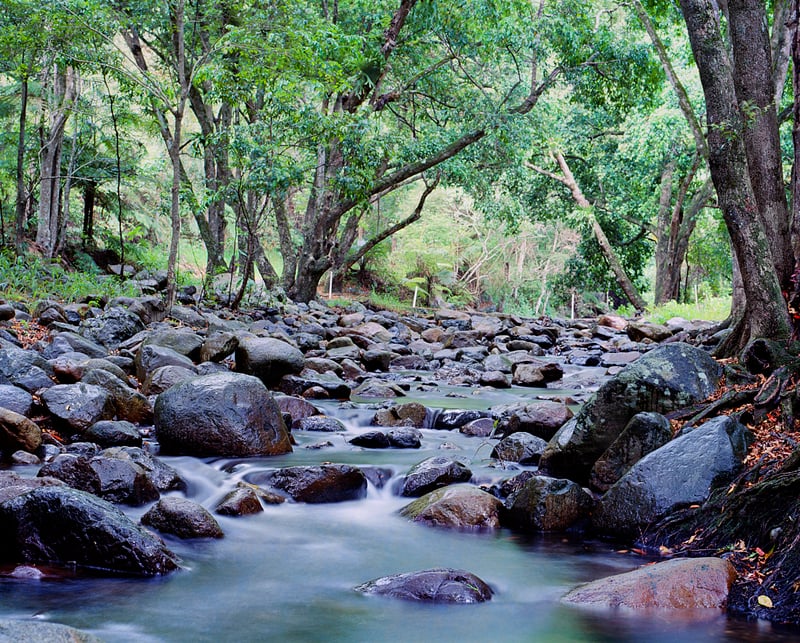 A long exposure photo taken of a creek at Mount Warning on Film